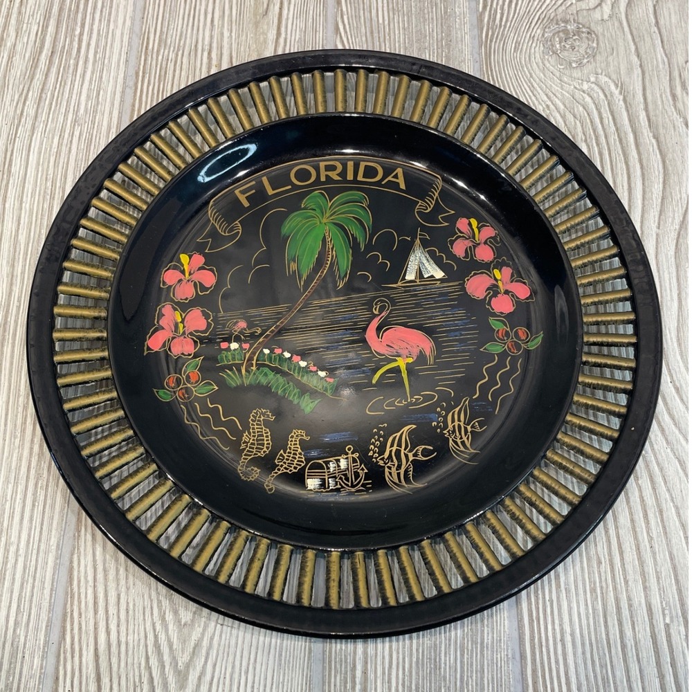Vintage Florida Souvenir Plate Pink Flamingo Tropical Black Metal Gallery Tray